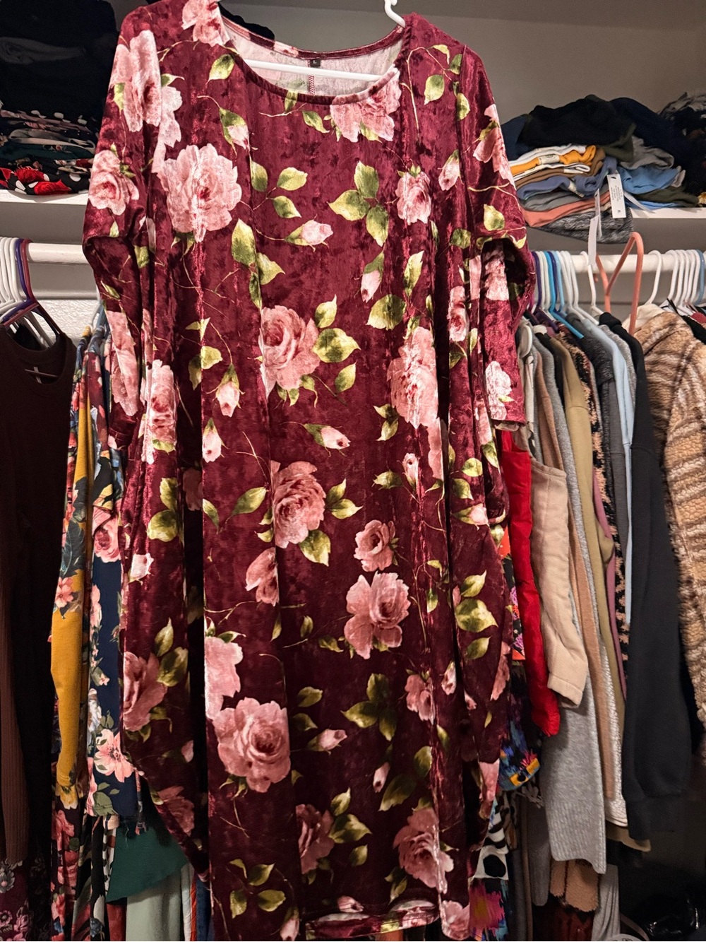Velvet Floral Bubble Dress in Burgundy and Pink
